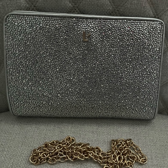 Larroude Erin crystal silver gray  clutch bag with removable gold chain strap - Picture 6 of 14